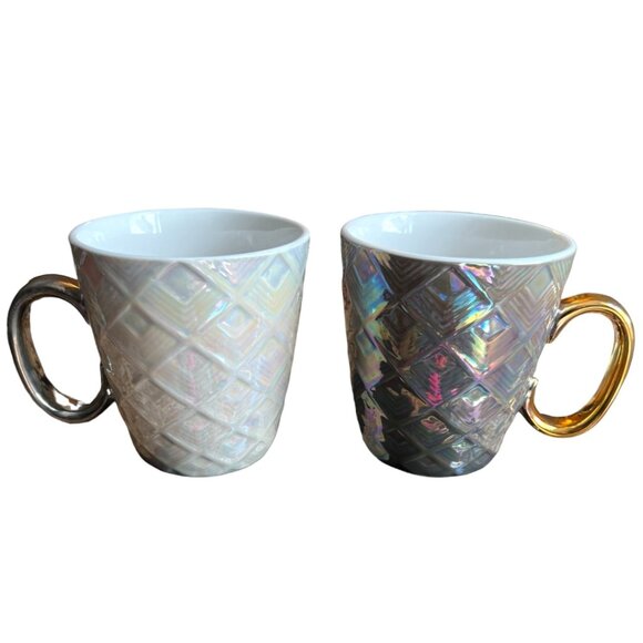 Iridescent Mugs with Oversized Metallic Handles Shimmering White, Silver, Gold - Picture 1 of 13